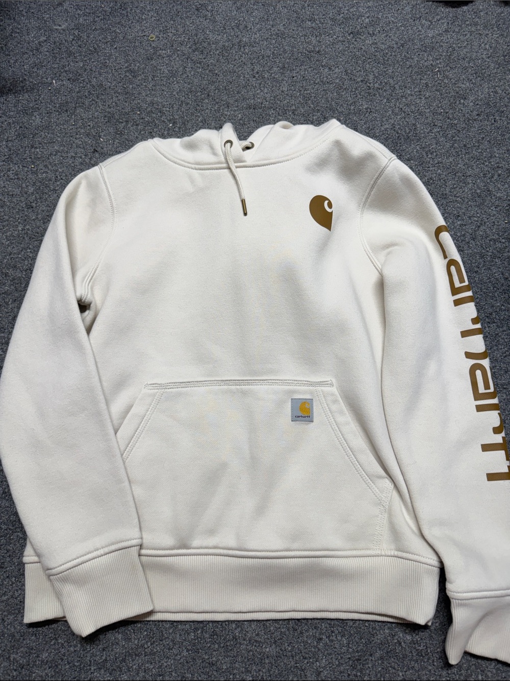 Carhartt Off-White Hoodie with Gold Logo and Sleeve Script